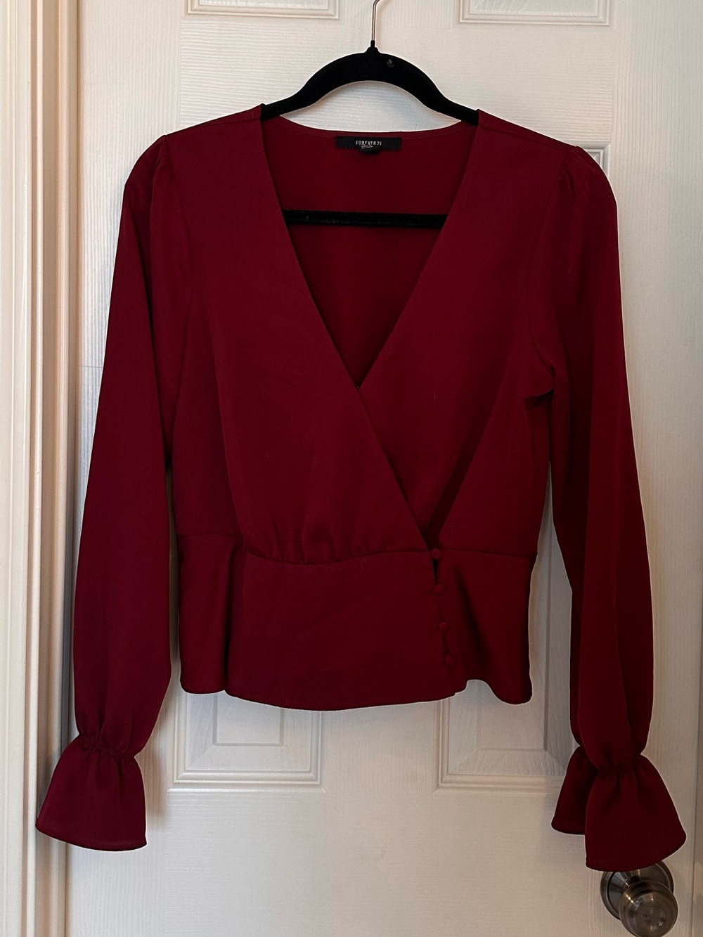 Forever 21 Burgundy Wrap Blouse with Ruffle Cuffs
